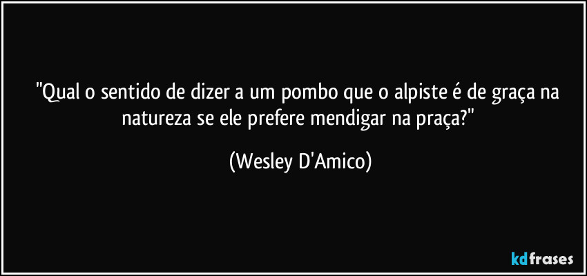 "Qual o sentido de dizer a um pombo que o alpiste é de graça na natureza se ele prefere mendigar na praça?" (Wesley D'Amico)