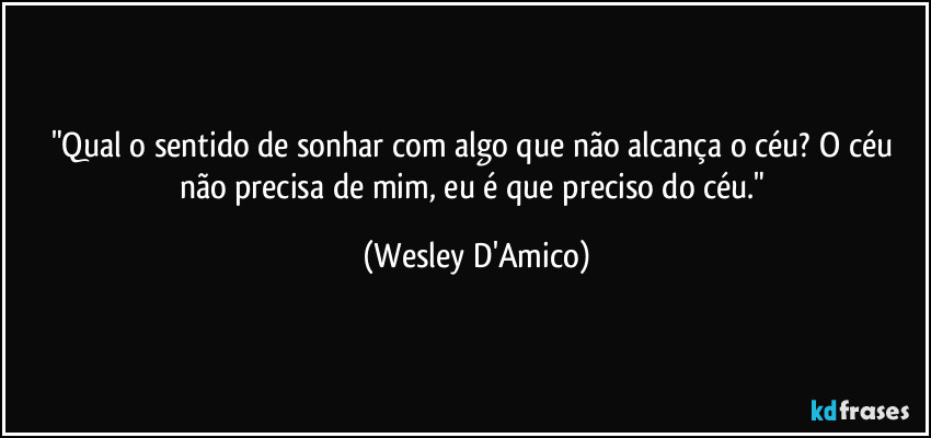 "Qual o sentido de sonhar com algo que não alcança o céu? O céu não precisa de mim, eu é que preciso do céu." (Wesley D'Amico)