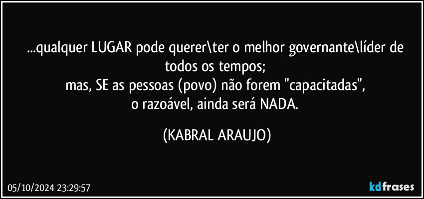 ...qualquer LUGAR pode querer\ter o melhor governante\líder de todos os tempos; 
mas, SE as pessoas (povo) não forem "capacitadas", 
o razoável, ainda será NADA. (KABRAL ARAUJO)