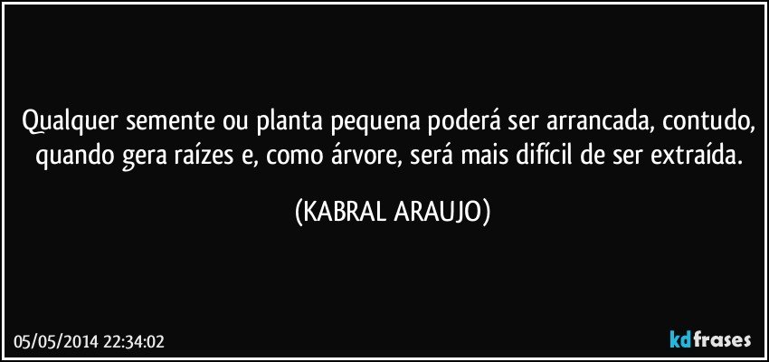 Qualquer semente ou planta pequena poderá ser arrancada, contudo, quando gera raízes e, como árvore, será mais difícil de ser extraída. (KABRAL ARAUJO)