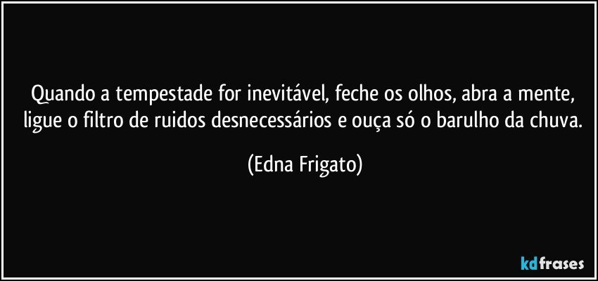 Quando a tempestade for inevitável, feche os olhos, abra a mente, ligue o filtro de ruidos desnecessários e ouça só o barulho da chuva. (Edna Frigato)