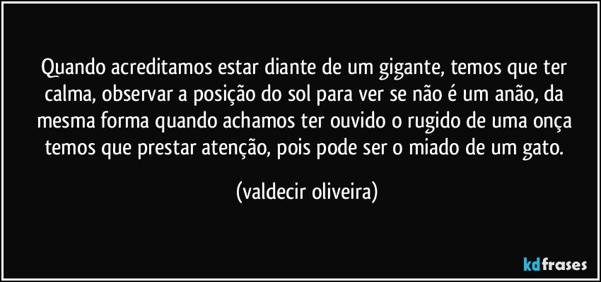 Quando acreditamos estar diante de um gigante, temos que ter calma, observar a posição do sol para ver se não é um anão, da mesma forma quando achamos ter ouvido o rugido de uma onça temos que prestar atenção, pois pode ser o miado de um gato. (valdecir oliveira)