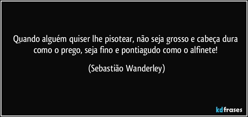 Quando alguém quiser lhe pisotear, não seja grosso e cabeça dura como o prego, seja fino e pontiagudo como o alfinete! (Sebastião Wanderley)