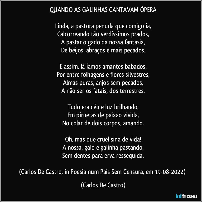 QUANDO AS GALINHAS CANTAVAM ÓPERA

Linda, a pastora penuda que comigo ia,
Calcorreando tão verdíssimos prados,
A pastar o gado da nossa fantasia,
De beijos, abraços e mais pecados.

E assim, lá íamos amantes babados,
Por entre folhagens e flores silvestres,
Almas puras, anjos sem pecados,
A não ser os fatais, dos terrestres.

Tudo era céu e luz brilhando,
Em piruetas de paixão vivida,
No colar de dois corpos, amando.

Oh, mas que cruel sina de vida!
A nossa, galo e galinha pastando,
Sem dentes para erva ressequida.

(Carlos De Castro, in Poesia num País Sem Censura, em 19-08-2022) (Carlos De Castro)