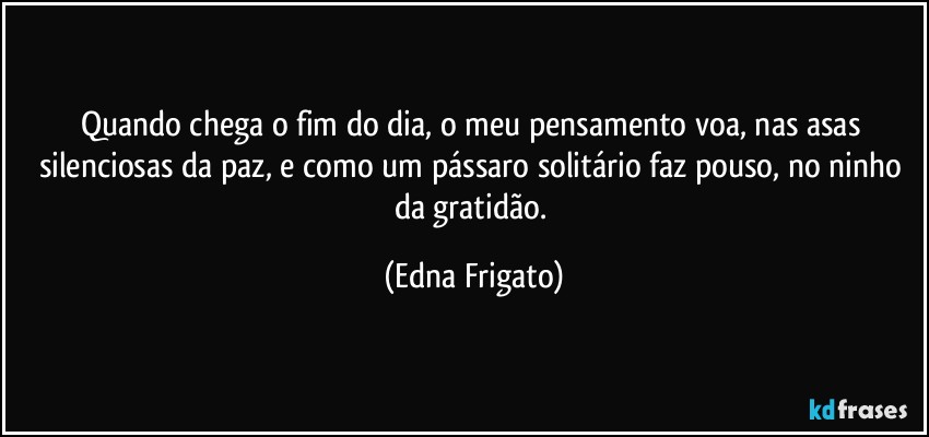 Quando chega o fim do dia, o meu pensamento voa, nas asas silenciosas da paz, e como um pássaro solitário faz pouso, no ninho da gratidão. (Edna Frigato)