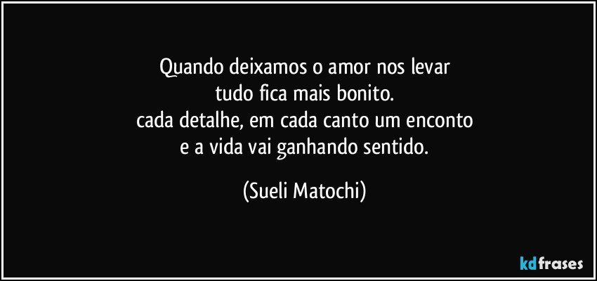 Quando deixamos o amor nos levar
tudo fica mais bonito.
cada detalhe, em cada canto um enconto
 e a vida vai ganhando sentido. (Sueli Matochi)