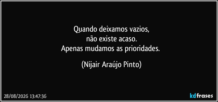 Quando deixamos vazios,
não existe acaso.
Apenas mudamos as prioridades. (Nijair Araújo Pinto)