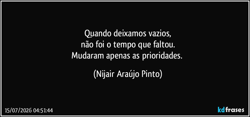 Quando deixamos vazios,
não foi o tempo que faltou.
Mudaram apenas as prioridades. (Nijair Araújo Pinto)