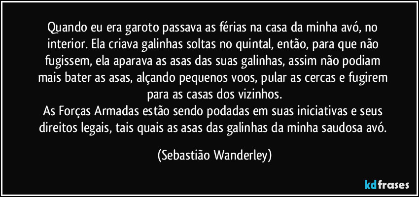 Quando eu era garoto passava as férias na casa da minha avó, no interior. Ela criava galinhas soltas no quintal, então, para que não fugissem, ela aparava as asas das suas galinhas, assim não podiam mais bater as asas, alçando pequenos voos, pular as cercas e fugirem para as casas dos vizinhos.
As Forças Armadas estão sendo podadas em suas iniciativas e seus direitos legais, tais quais as asas das galinhas da minha saudosa avó. (Sebastião Wanderley)