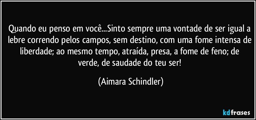 Quando eu penso em você...Sinto sempre uma vontade de ser igual a lebre correndo pelos campos, sem destino, com uma fome intensa de liberdade;  ao mesmo tempo, atraída, presa, a fome de feno;  de verde, de saudade do teu ser! (Aimara Schindler)