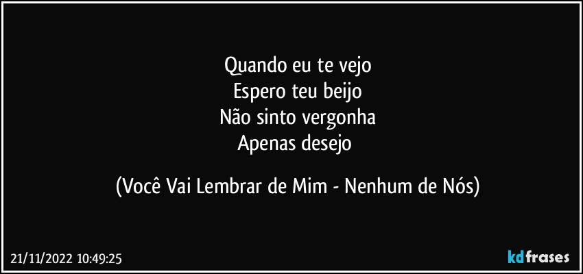 Quando eu te vejo
Espero teu beijo
Não sinto vergonha
Apenas desejo (Você Vai Lembrar de Mim - Nenhum de Nós)