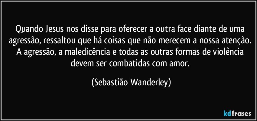 Quando Jesus nos disse para oferecer a outra face diante de uma agressão, ressaltou que há coisas que não merecem a nossa atenção. 
A agressão, a maledicência e todas as outras formas de violência devem ser combatidas com amor. (Sebastião Wanderley)