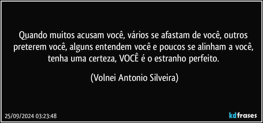 Quando muitos acusam você, vários se afastam de você, outros preterem você, alguns entendem você e poucos se alinham a você, tenha uma certeza, VOCÊ é o estranho perfeito. (Volnei Antonio Silveira)