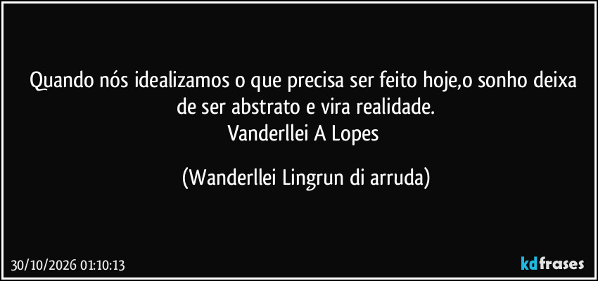 Quando nós idealizamos o que precisa ser feito hoje,o sonho deixa de ser abstrato e vira realidade.
Vanderllei A Lopes (Wanderllei Lingrun di arruda)