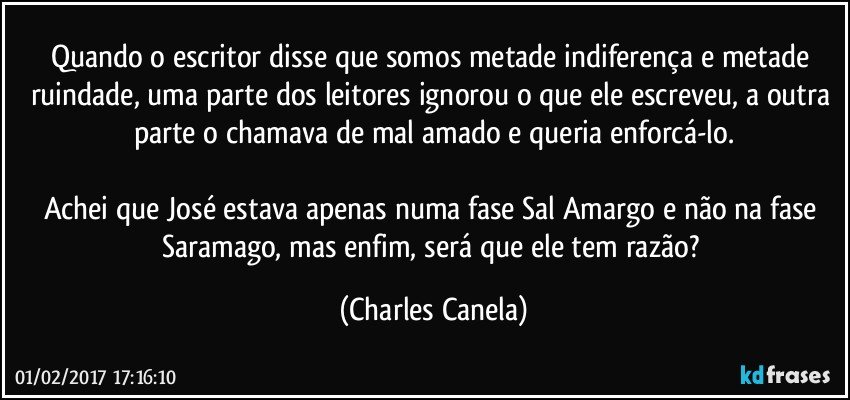 Quando o escritor disse que somos metade indiferença e metade ruindade, uma parte dos leitores ignorou o que ele escreveu, a outra parte o chamava de mal amado e queria enforcá-lo.

Achei que José estava apenas numa fase Sal Amargo e não na fase Saramago, mas enfim, será que ele tem razão? (Charles Canela)