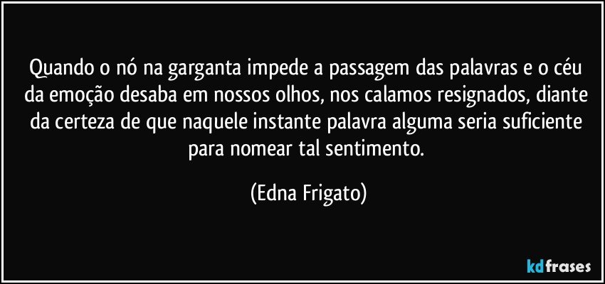 Quando o nó na garganta impede a passagem das palavras e o céu da emoção desaba em nossos olhos, nos calamos resignados, diante da certeza de  que naquele instante palavra alguma seria suficiente para nomear tal sentimento. (Edna Frigato)