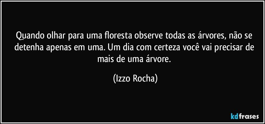 Quando olhar para uma floresta observe todas as árvores, não se detenha apenas em uma. Um dia com certeza você vai precisar de mais de uma árvore. (Izzo Rocha)