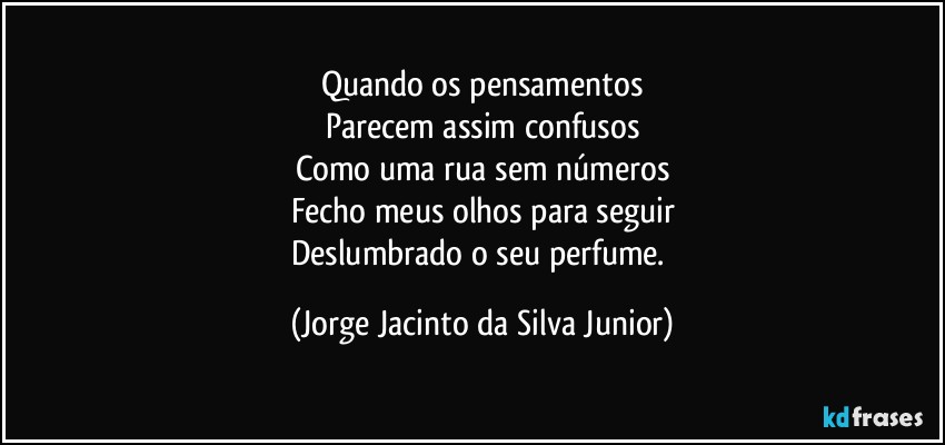 Quando os pensamentos
Parecem assim confusos
Como uma rua sem números
Fecho meus olhos para seguir
Deslumbrado o seu perfume. (Jorge Jacinto da Silva Junior)