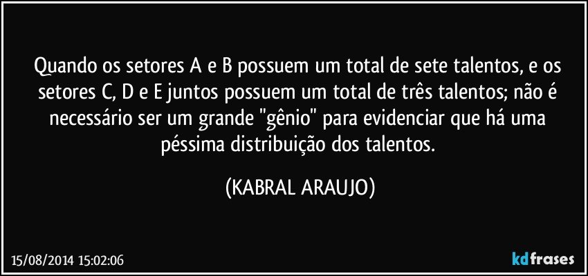 Quando os setores A e B possuem um total de sete talentos, e os setores C, D e E  juntos possuem um total de três talentos; não é necessário ser um grande "gênio" para evidenciar que há uma péssima distribuição dos talentos. (KABRAL ARAUJO)