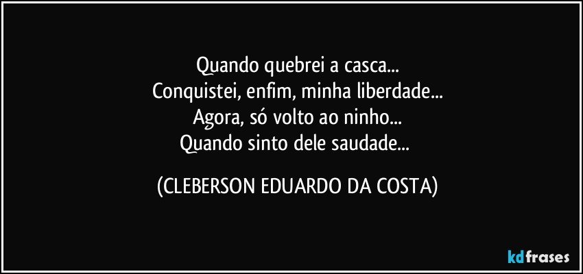 Quando quebrei a casca...
Conquistei, enfim, minha liberdade...
Agora, só volto ao ninho...
Quando sinto dele saudade... (CLEBERSON EDUARDO DA COSTA)