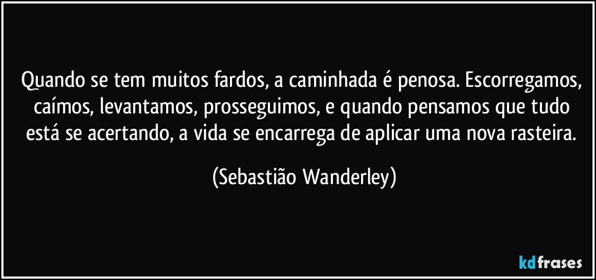 Quando se tem muitos fardos, a caminhada é penosa. Escorregamos, caímos, levantamos, prosseguimos, e quando pensamos que tudo está se acertando, a vida se encarrega de aplicar uma nova rasteira. (Sebastião Wanderley)