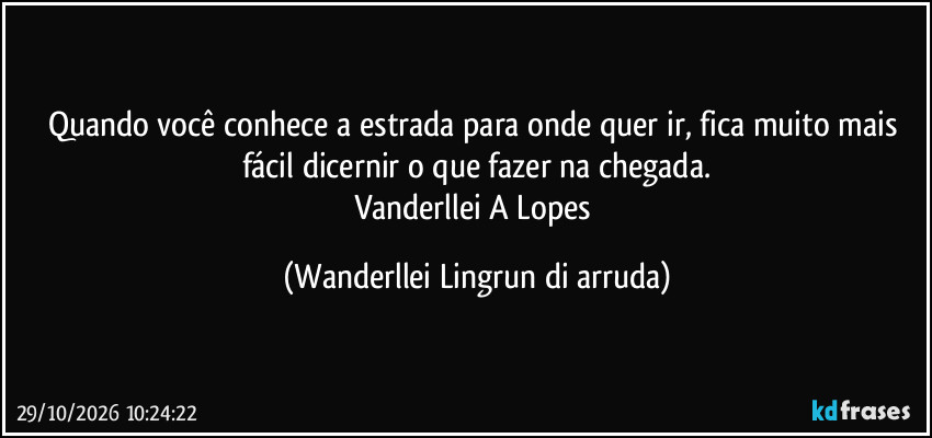 Quando você conhece a estrada para onde quer ir, fica muito mais fácil dicernir o que fazer na chegada.
Vanderllei A Lopes (Wanderllei Lingrun di arruda)