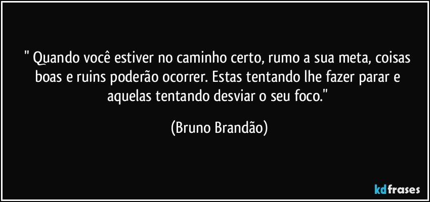 " Quando você estiver no caminho certo, rumo a sua meta, coisas boas e ruins poderão ocorrer. Estas tentando lhe fazer parar e aquelas tentando desviar o seu foco." (Bruno Brandão)