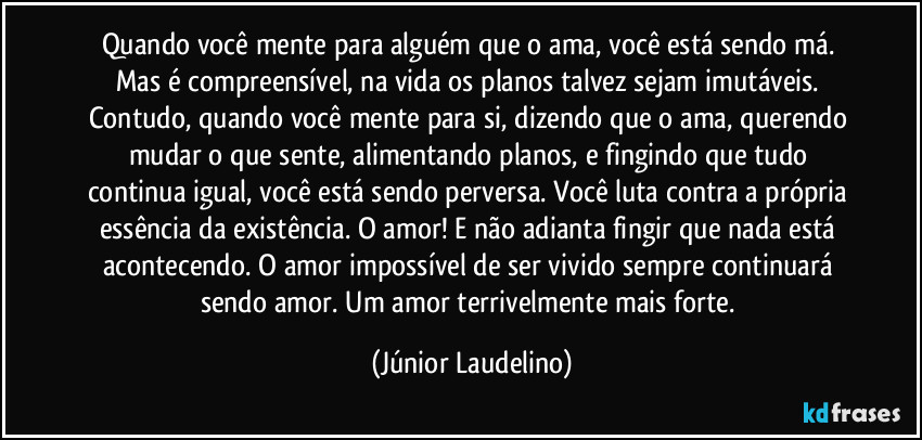 Quando você mente para alguém que o ama, você está sendo má. Mas é compreensível, na vida os planos talvez sejam imutáveis. Contudo, quando você mente para si, dizendo que o ama, querendo mudar o que sente, alimentando planos, e fingindo que tudo continua igual, você está sendo perversa. Você luta contra a própria essência da existência. O amor! E não adianta fingir que nada está acontecendo. O amor impossível de ser vivido sempre continuará sendo amor. Um amor terrivelmente mais forte. (Júnior Laudelino)