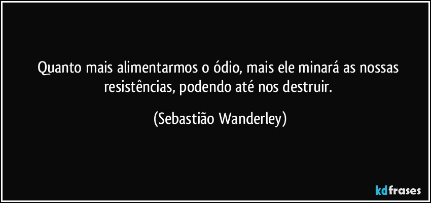 Quanto mais alimentarmos o ódio, mais ele minará as nossas resistências, podendo até nos destruir. (Sebastião Wanderley)