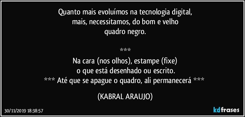 Quanto mais evoluímos na tecnologia digital,
mais, necessitamos, do bom e velho
quadro negro.

***
Na cara (nos olhos), estampe (fixe)
 o que está desenhado ou escrito.
*** Até que se apague o quadro, ali permanecerá *** (KABRAL ARAUJO)