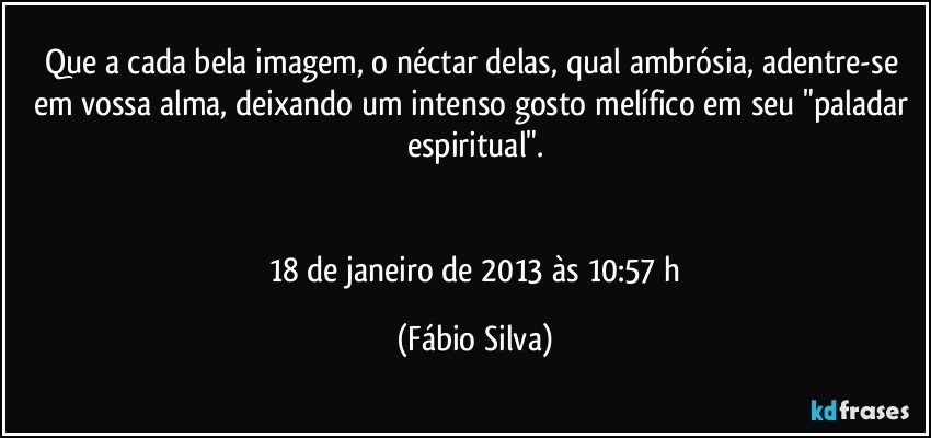 Que a cada bela imagem, o néctar delas, qual ambrósia, adentre-se em vossa alma, deixando um intenso gosto melífico em seu "paladar espiritual".


 18 de janeiro de 2013 às 10:57 h (Fábio Silva)