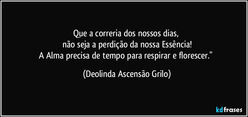 Que a correria dos nossos dias, 
não seja a perdição da nossa Essência!
A Alma precisa de tempo para respirar e florescer." (Deolinda Ascensão Grilo)
