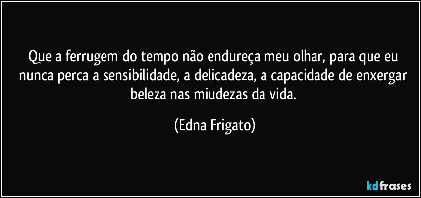 Que a ferrugem do tempo não endureça meu olhar, para que eu nunca perca a sensibilidade, a delicadeza, a capacidade de enxergar beleza nas miudezas da vida. (Edna Frigato)