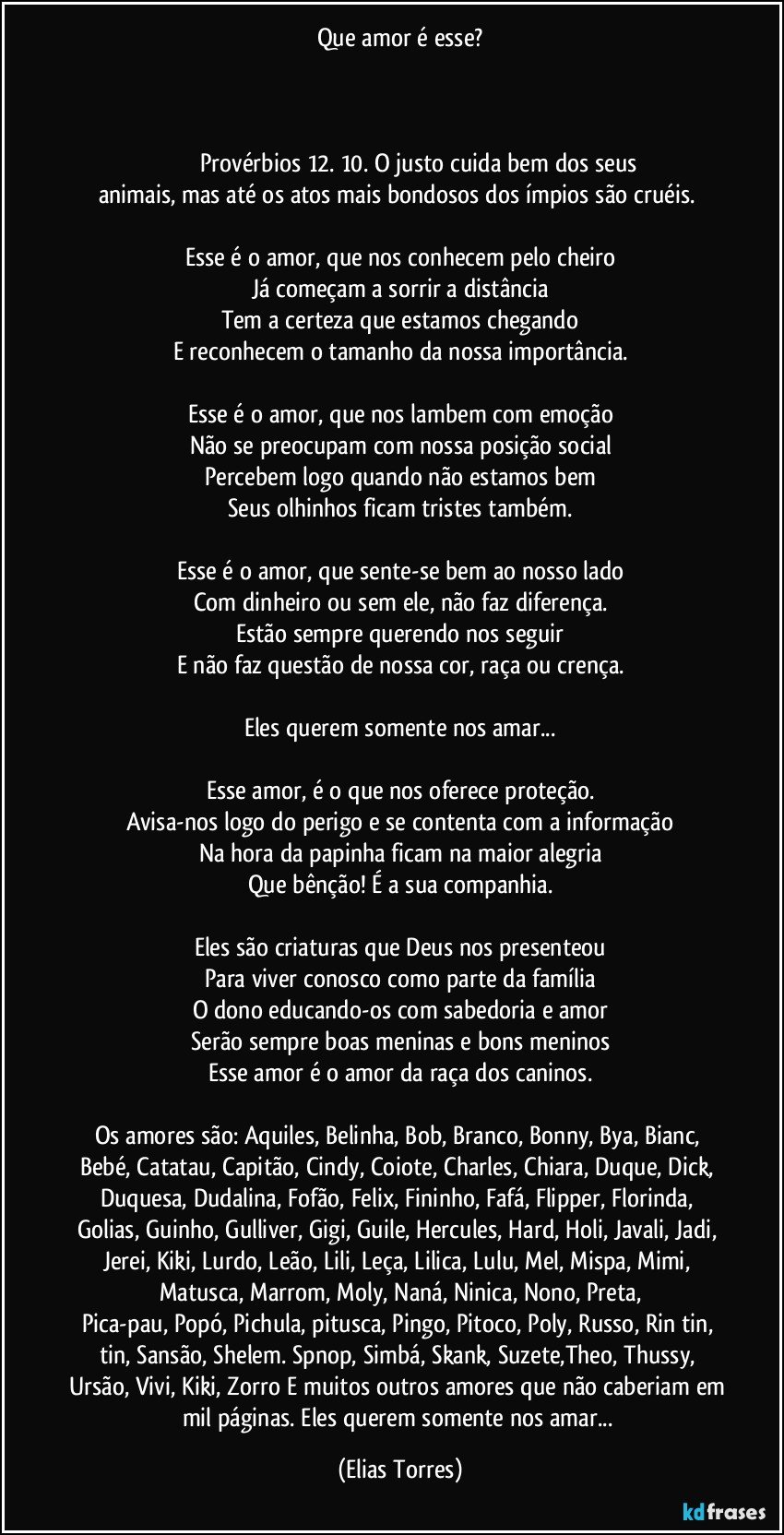 Que amor é esse?

 
                    
                          Provérbios 12. 10. O justo cuida bem dos seus animais, mas até os atos mais bondosos dos ímpios são cruéis.   

Esse é o amor, que nos conhecem pelo cheiro
Já começam a sorrir a distância
Tem a certeza que estamos chegando
E reconhecem o tamanho da nossa importância.

Esse é o amor, que nos lambem com emoção
Não se preocupam com nossa posição social
Percebem logo quando não estamos bem
Seus olhinhos ficam tristes também.

Esse é o amor, que sente-se bem ao nosso lado
Com dinheiro ou sem ele, não faz diferença.
Estão sempre querendo nos seguir
E não faz questão de nossa cor, raça ou crença.

Eles querem somente nos amar...

Esse amor, é o que nos oferece proteção.
Avisa-nos logo do perigo e se contenta com a informação
Na hora da papinha ficam na maior alegria
Que bênção! É a sua companhia.

Eles são criaturas que Deus nos presenteou
Para viver conosco como parte da família
O dono educando-os com sabedoria e amor
Serão sempre boas meninas e bons meninos
Esse amor é o amor da raça dos caninos.
 
Os amores são: Aquiles, Belinha, Bob, Branco, Bonny, Bya, Bianc, Bebé, Catatau, Capitão, Cindy, Coiote, Charles, Chiara, Duque, Dick, Duquesa, Dudalina, Fofão, Felix, Fininho, Fafá, Flipper, Florinda, Golias, Guinho, Gulliver, Gigi, Guile, Hercules, Hard, Holi, Javali, Jadi, Jerei, Kiki, Lurdo, Leão, Lili, Leça, Lilica, Lulu, Mel, Mispa, Mimi, Matusca, Marrom, Moly, Naná, Ninica, Nono, Preta,
Pica-pau, Popó, Pichula, pitusca, Pingo, Pitoco, Poly, Russo, Rin tin, tin, Sansão, Shelem. Spnop, Simbá, Skank, Suzete,Theo, Thussy, Ursão, Vivi, Kiki, Zorro E muitos outros amores que não caberiam em mil páginas. Eles querem somente nos amar... (Elias Torres)