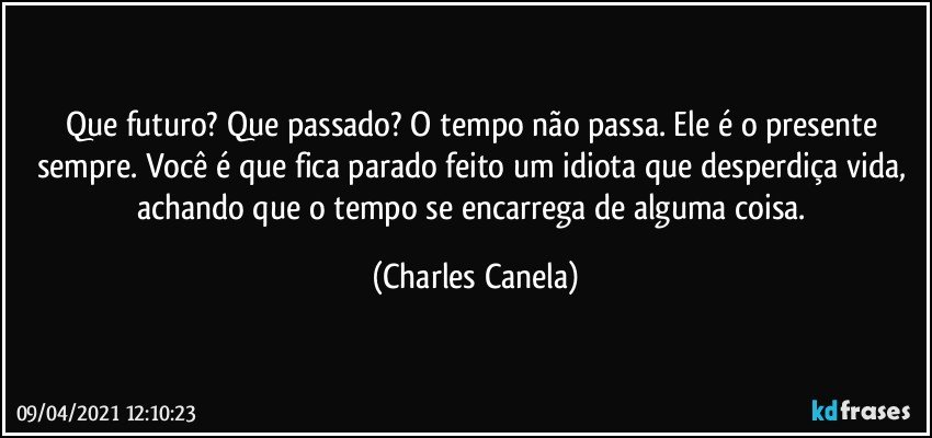 Que futuro? Que passado? O tempo não passa. Ele é o presente sempre. Você é que fica parado feito um idiota que desperdiça vida, achando que o tempo se encarrega de alguma coisa. (Charles Canela)