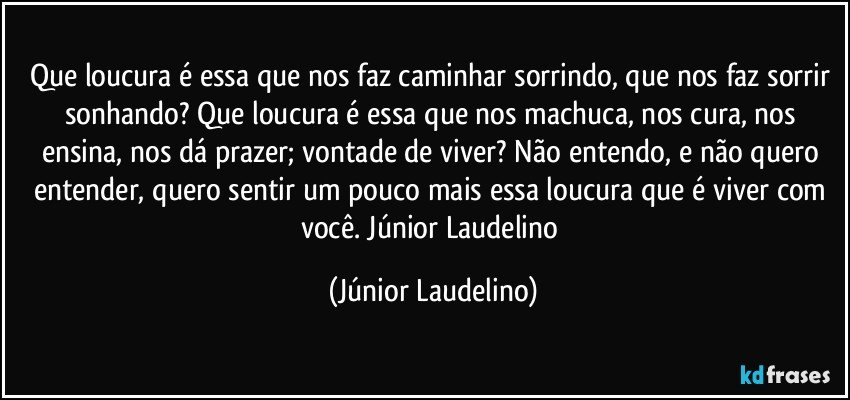 Que loucura é essa que nos faz caminhar sorrindo, que nos faz sorrir sonhando? Que loucura é essa que nos machuca, nos cura, nos ensina, nos dá prazer; vontade de viver? Não entendo, e não quero entender, quero sentir um pouco mais essa loucura que é viver com você. Júnior Laudelino (Júnior Laudelino)