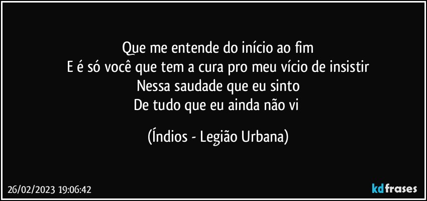 Que me entende do início ao fim
E é só você que tem a cura pro meu vício de insistir
Nessa saudade que eu sinto
De tudo que eu ainda não vi (Índios - Legião Urbana)