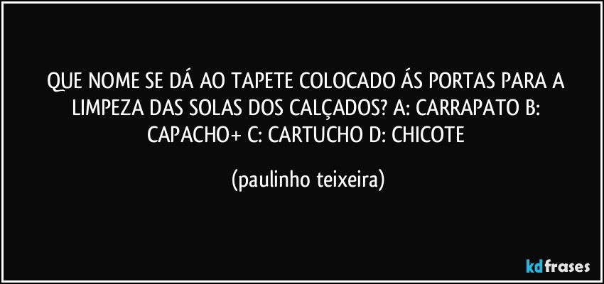 QUE NOME SE DÁ AO TAPETE COLOCADO ÁS PORTAS PARA A LIMPEZA DAS SOLAS DOS CALÇADOS?  A: CARRAPATO  B: CAPACHO+  C: CARTUCHO  D: CHICOTE (paulinho teixeira)