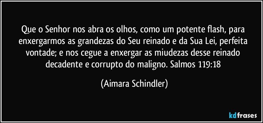 Que o Senhor nos abra os olhos, como um potente flash, para enxergarmos as grandezas do Seu reinado e da Sua Lei, perfeita vontade;  e nos cegue  a enxergar as miudezas desse reinado decadente  e corrupto do maligno. Salmos 119:18 (Aimara Schindler)