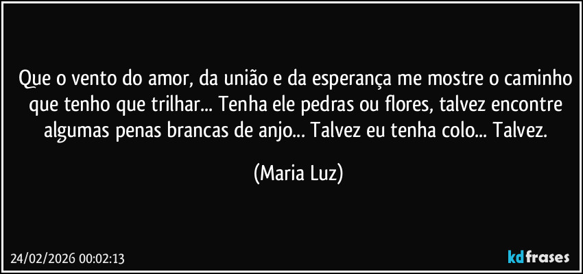 Que o vento do amor, da união e da esperança me mostre o caminho que tenho que trilhar... Tenha ele pedras ou flores, talvez encontre algumas penas brancas de anjo... Talvez eu tenha colo... Talvez. (Maria Luz)