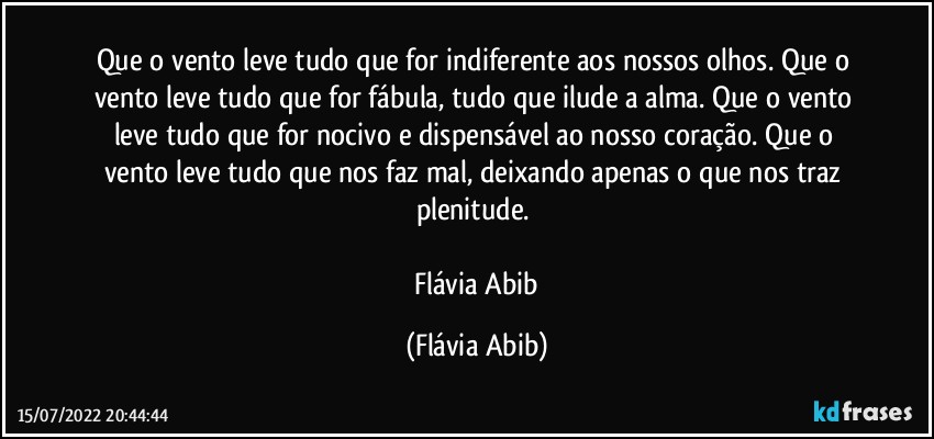 Que o vento leve tudo que for indiferente aos nossos olhos. Que o vento leve tudo que for fábula, tudo que ilude a alma. Que o vento leve tudo que for nocivo e dispensável ao nosso coração. Que o vento leve tudo que nos faz mal, deixando apenas o que nos traz plenitude. 

 Flávia Abib (Flávia Abib)