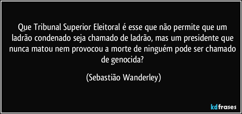 Que Tribunal Superior Eleitoral é esse que não permite que um ladrão condenado seja chamado de ladrão, mas um presidente que nunca matou nem provocou a morte de ninguém pode ser chamado de genocida? (Sebastião Wanderley)