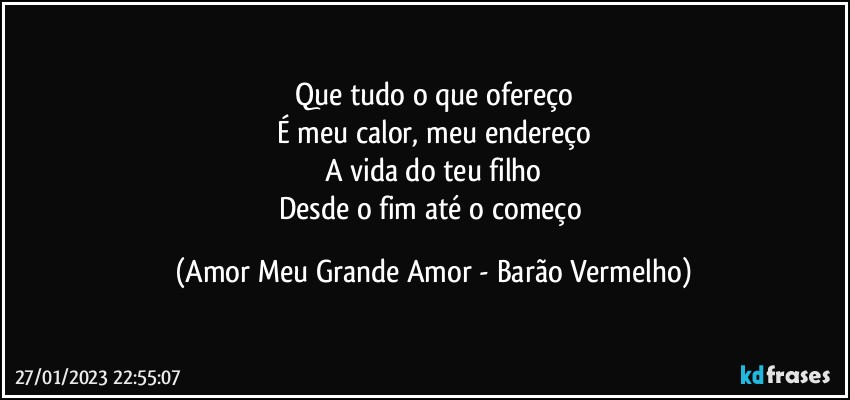 Que tudo o que ofereço
É meu calor, meu endereço
A vida do teu filho
Desde o fim até o começo (Amor Meu Grande Amor - Barão Vermelho)