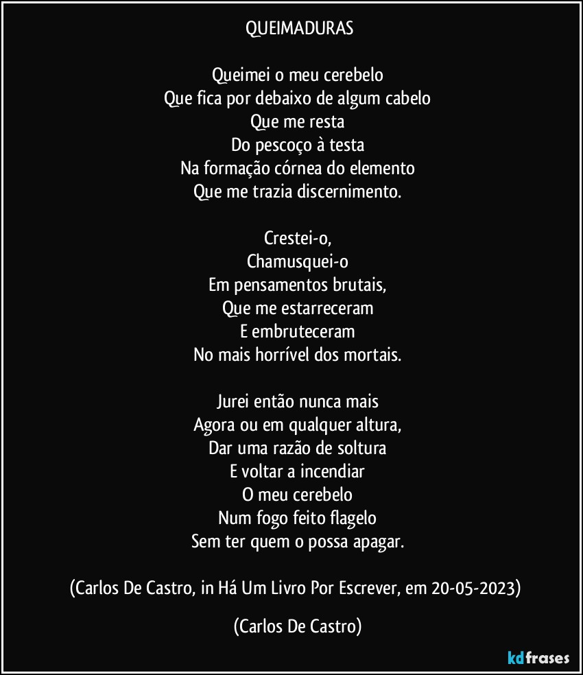 ⁠QUEIMADURAS

Queimei o meu cerebelo
Que fica por debaixo de algum cabelo
Que me resta
Do pescoço à testa
Na formação córnea do elemento
Que me trazia discernimento.

Crestei-o,
Chamusquei-o
Em pensamentos brutais,
Que me estarreceram
E embruteceram
No mais horrível dos mortais.

Jurei então nunca mais
Agora ou em qualquer altura,
Dar uma razão de soltura
E voltar a incendiar
O meu cerebelo
Num fogo feito flagelo
Sem ter quem o possa apagar.

(Carlos De Castro, in Há Um Livro Por Escrever, em 20-05-2023) (Carlos De Castro)