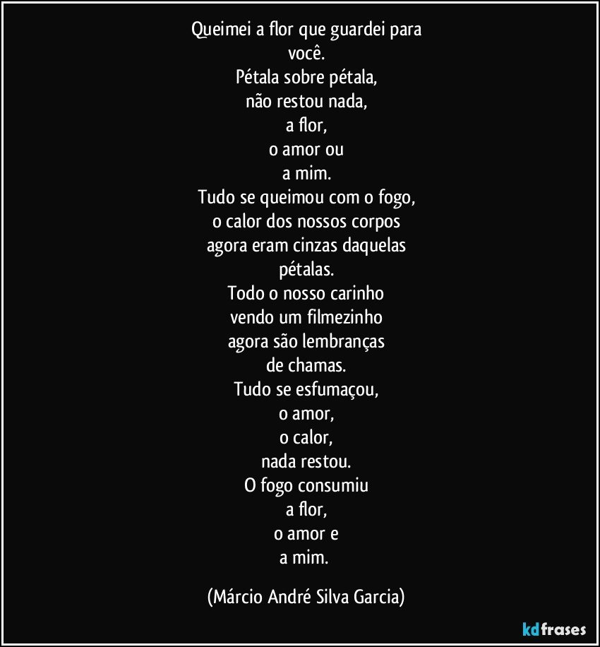 Queimei a flor que guardei para
você.
Pétala sobre pétala,
não restou nada,
a flor,
o amor ou
a mim.
Tudo se queimou com o fogo,
o calor dos nossos corpos
agora eram cinzas daquelas
pétalas.
Todo o nosso carinho
vendo um filmezinho
agora são lembranças
de chamas.
Tudo se esfumaçou,
o amor,
o calor,
nada restou.
O fogo consumiu
a flor,
o amor e
a mim. (Márcio André Silva Garcia)