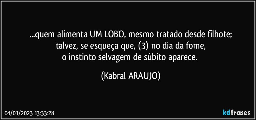 ...quem alimenta UM LOBO, mesmo tratado desde filhote;
talvez, se esqueça que, (3) no dia da fome,
o instinto selvagem de súbito aparece. (KABRAL ARAUJO)