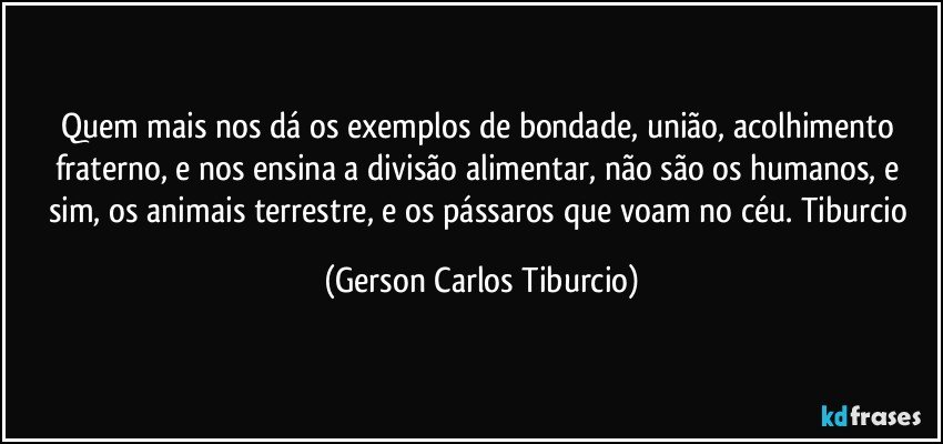 Quem mais nos dá os exemplos de bondade, união, acolhimento fraterno, e nos ensina a divisão alimentar, não são os humanos, e sim, os animais terrestre, e os pássaros que voam no céu. Tiburcio (Gerson Carlos Tiburcio)