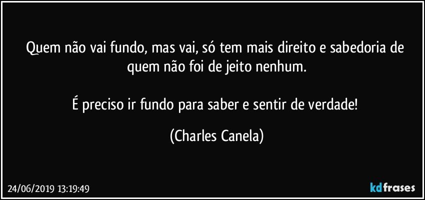 Quem não vai fundo, mas vai, só tem mais direito e sabedoria de quem não foi de jeito nenhum.

É preciso ir fundo para saber e sentir de verdade! (Charles Canela)