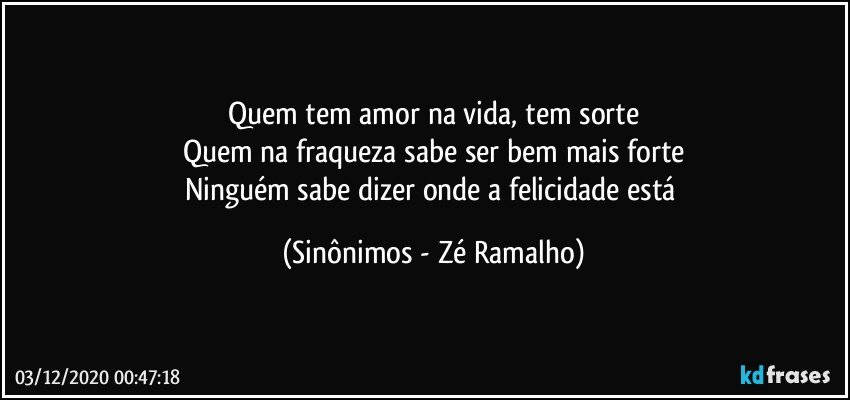 Quem tem amor na vida, tem sorte
Quem na fraqueza sabe ser bem mais forte
Ninguém sabe dizer onde a felicidade está (Sinônimos - Zé Ramalho)