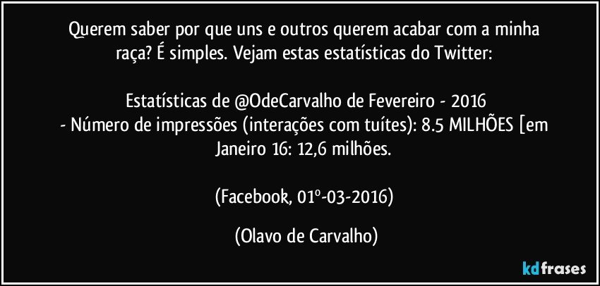 Querem saber por que uns e outros querem acabar com a minha raça? É simples. Vejam estas estatísticas do Twitter: 

Estatísticas de @OdeCarvalho de Fevereiro - 2016
- Número de impressões (interações com tuítes): 8.5 MILHÕES [em Janeiro/16: 12,6 milhões. 

(Facebook, 01º-03-2016) (Olavo de Carvalho)